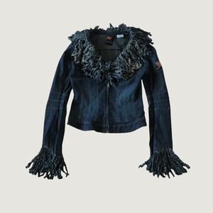 Parasuco Denim Jacket Women Dark Wash Fringe Collar Rare Y2K Small Fitted Grunge